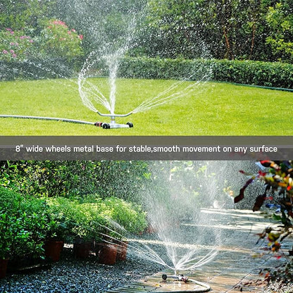 Eden 94129 Metal 3-Arm Revolving Sprinkler on Wheel Base W/Quick Connect Starter Set, Heavy Duty, Garden Hose Sprinkler, Lawns, Circular, Coverage up to 1390 sq.ft