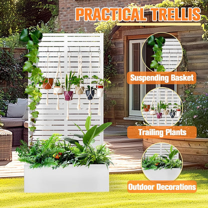 Metal Planter Box with Trellis, Raised Garder Bed with Drainage Hole, Privacy Screen & Trellis for Climbing Plants, Outdoor Plant Stands, 35''L×16''W×71''H, White