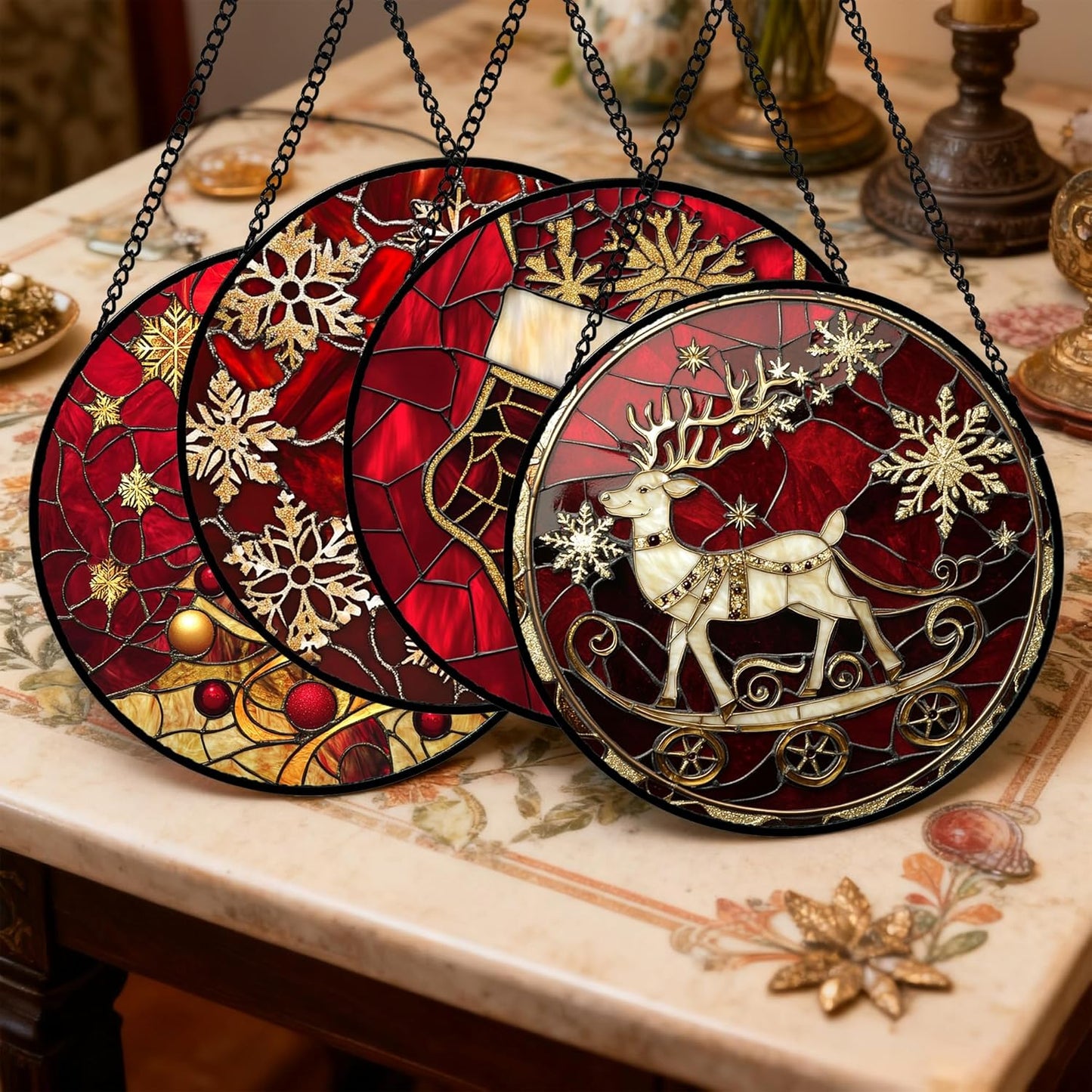 Stained Glass Window Hanging 4 Pcs Set Red Christmas Elk Snowflakes 6.3" - Deer Suncatcher Door Garden Sun Catcher Decor Birthday for Mom Woman Nana Men Friend