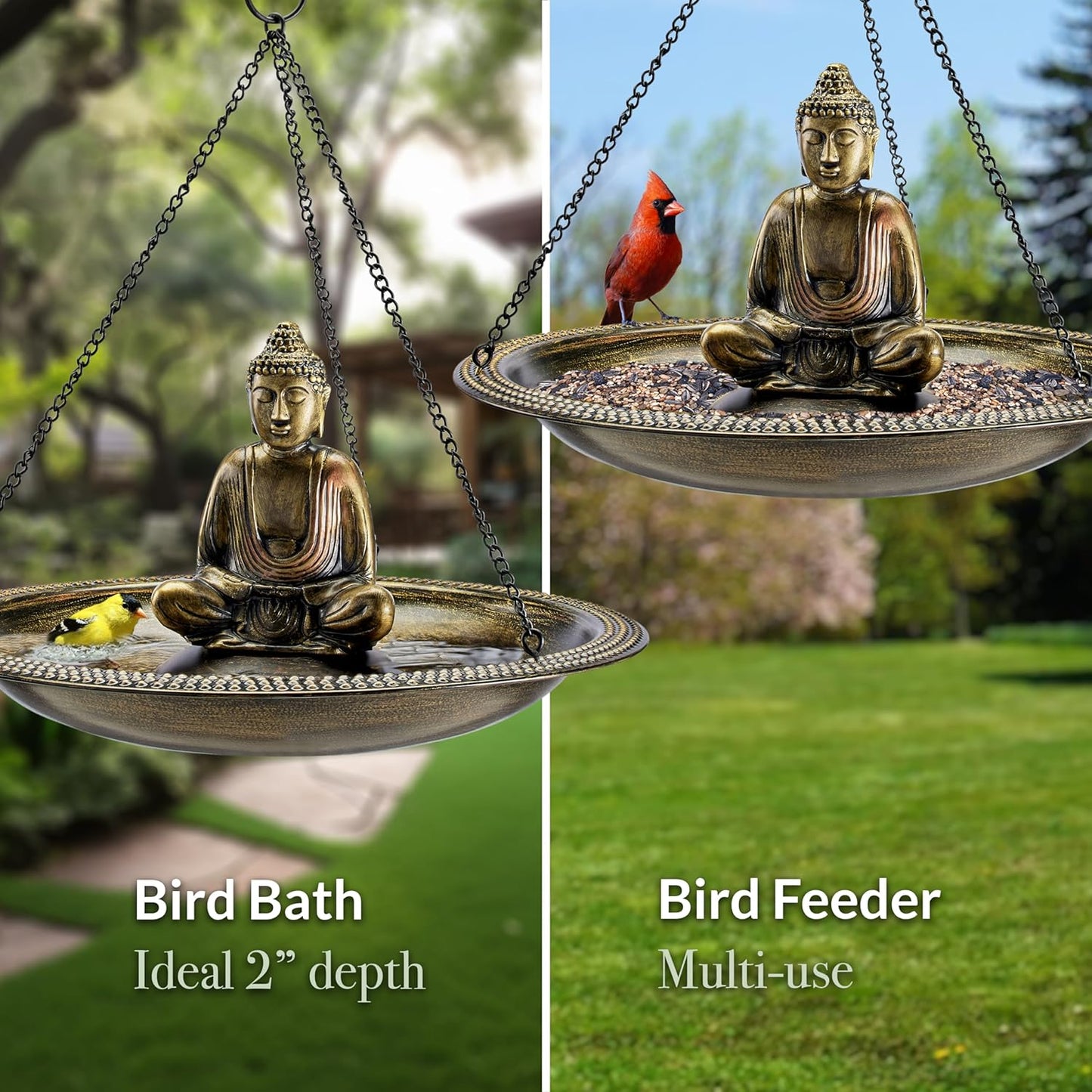 Good Directions BBH18-1 18" Hanging Bird Bath, Large, Aged Brass w Buddha