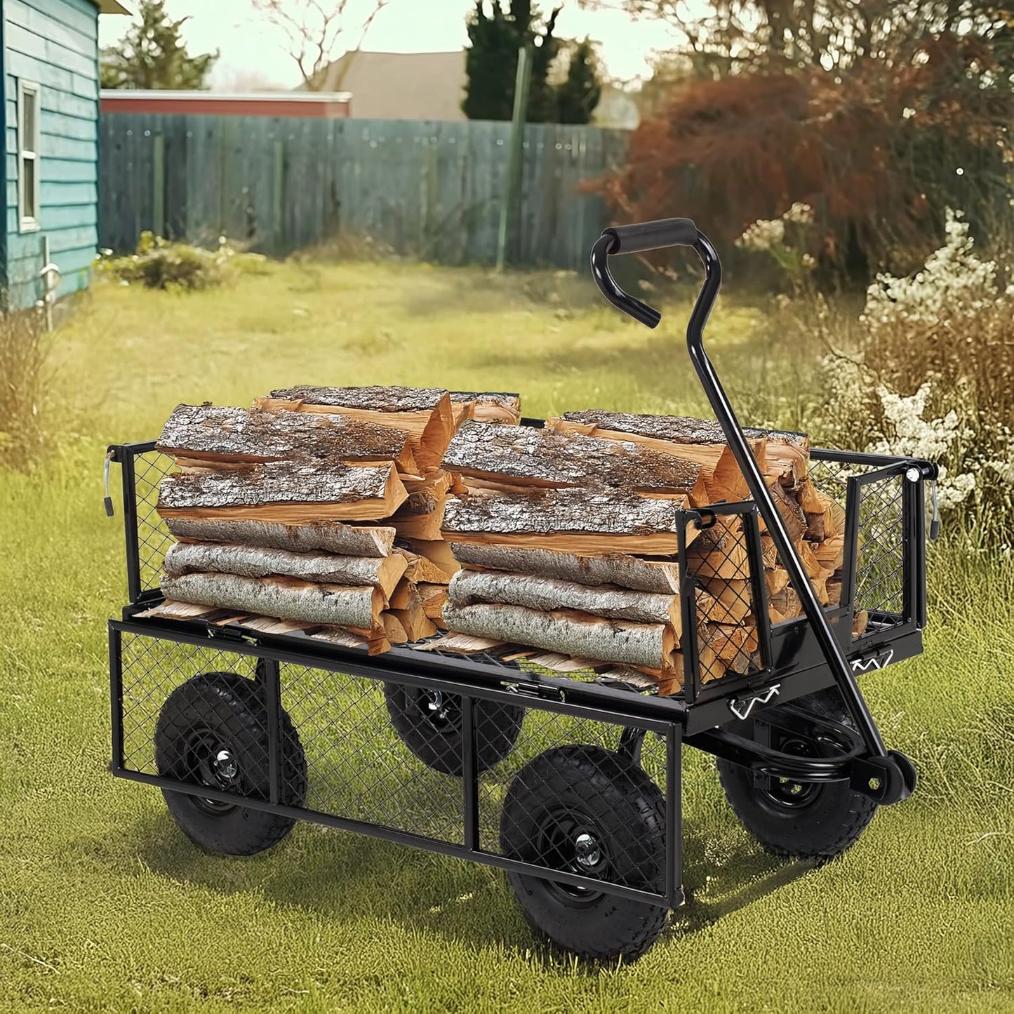 Finnhomy Heavy Duty 1000 Lbs Capacity Mesh Steel Garden Cart, Pullable Garden Wagons Carts on Wheels, Folding Utility Wagon with Removable Sides for Outdoor, Yard, Lawn, Black