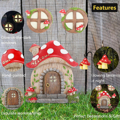 Miniature Fairy Garden Accessories Christmas Decorations Mushroom Fairy Door and Windows for Trees, Glow in The Dark Yard Garden Sculpture Lawn Ornament Outdoor Decor Accessories with Fairy Lantern