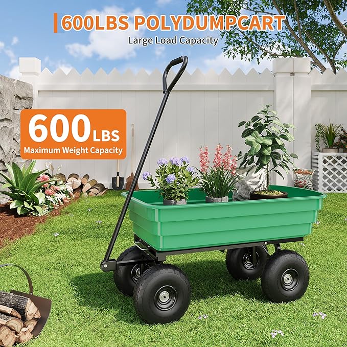Garden Dump Cart - 600Lb Capacity Heavy Duty Yard Utility Garden Cart with Removable Dump Bed, All-Terrain Tires & 180° Adjustable Handle for Soil, Plants, Tools