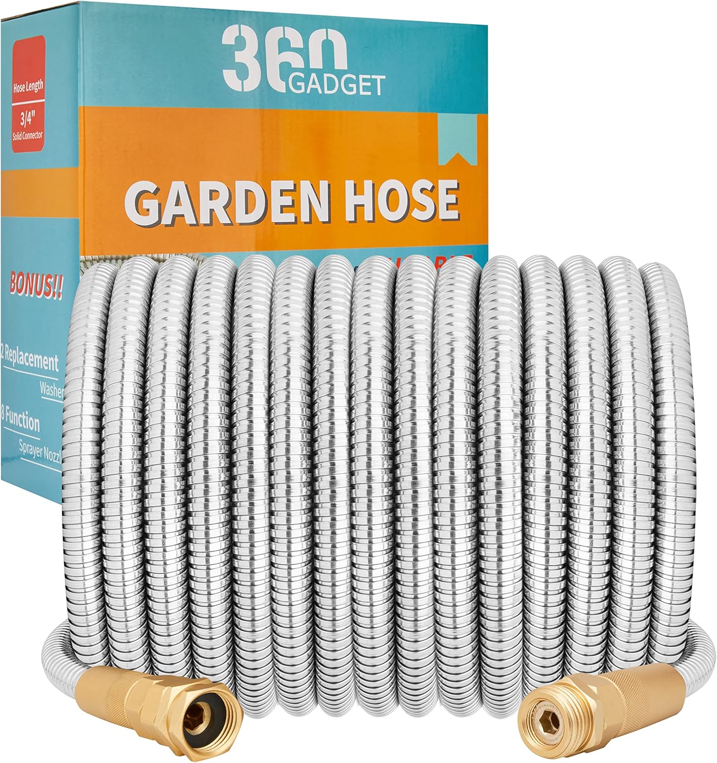 Garden Hose Metal - 25ft Heavy Duty Stainless Steel Water Hose with 8 Function Sprayer & Metal Fittings, Flexible, Lightweight, No Kink, Puncture Proof Hose for Yard, Outdoors, Rv