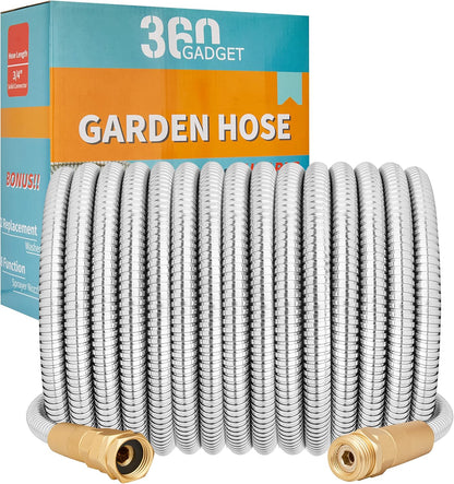 Garden Hose Metal - 75ft Heavy Duty Stainless Steel Water Hose with 8 Function Sprayer & Metal Fittings, Flexible, Lightweight, No Kink, Puncture Proof Hose for Yard, Outdoors, Rv