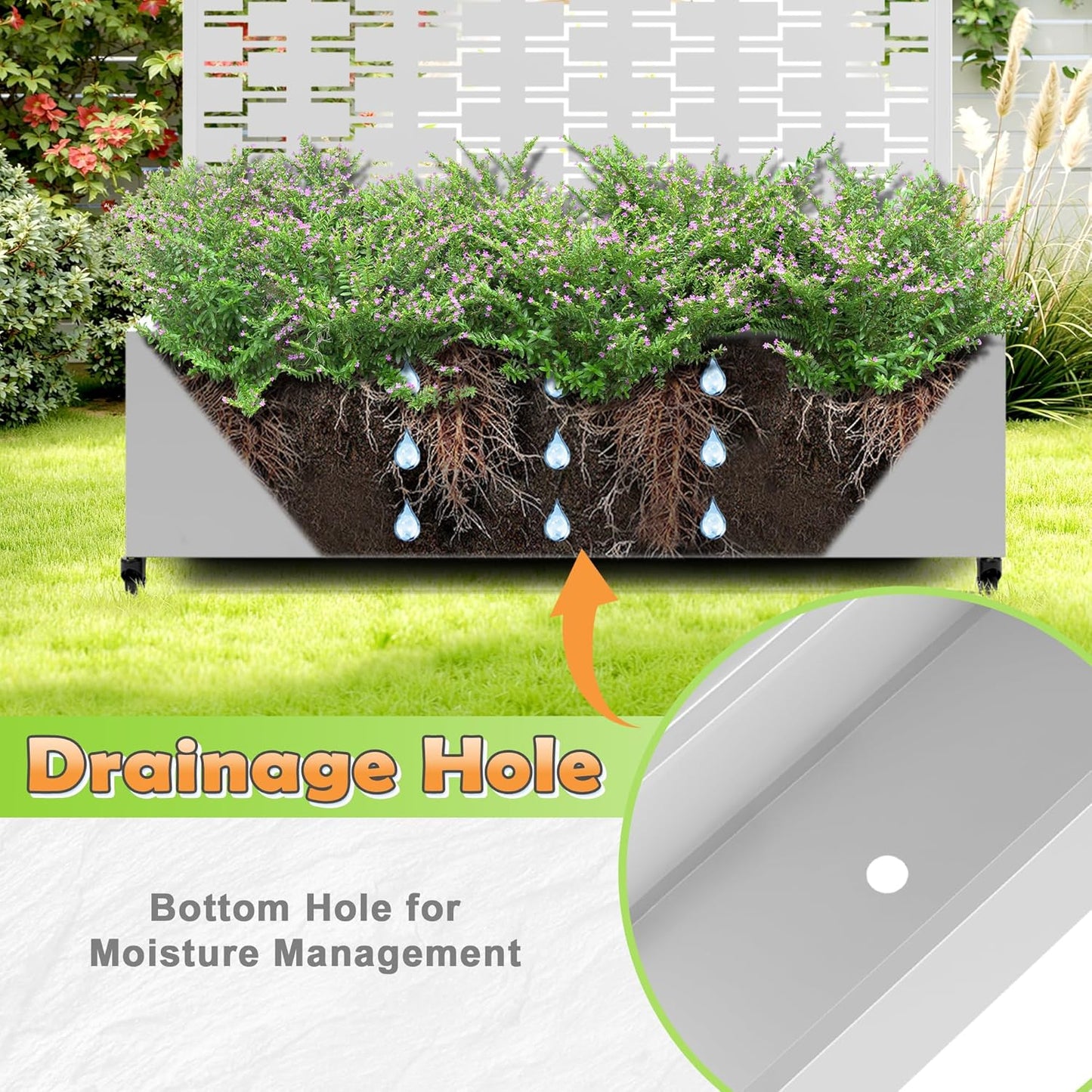 Metal Raised Garden Bed with Trellis, 2-in-1 Planter Box & Privacy Screen for Climbing Plants, Outdoor Standing Flower Bed with Drainage Holes, 47.2" L x 16.7" W x 70.8" H, White-Brick