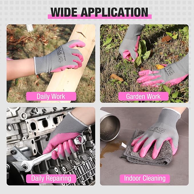 HAUSHOF 6 Pairs Garden Gloves for Women, Nitrile Coated Working Gloves, for Gardening, Restoration Work, Medium, Pink & Green, M