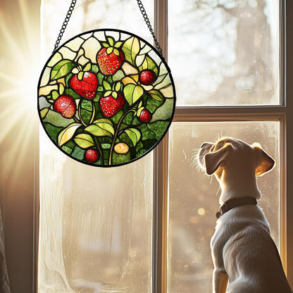 Stained Glass Window Hanging - Red Strawberry Suncatcher for Doors Window Home Green Plant Sun Catchers Decor Christmas Mother's Day Birthday Gifts for Teacher Women Men Mom Nana 9.8 in