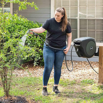Garden Hose Reel Retractable 1/2" x 130ft Wall Mounted Hose Reel Automatic Rewind, Any Length Lock with 9 Patterns Sprayer Nozzle, Quick Connector and Adjustable shot Nozzle- Cloud White