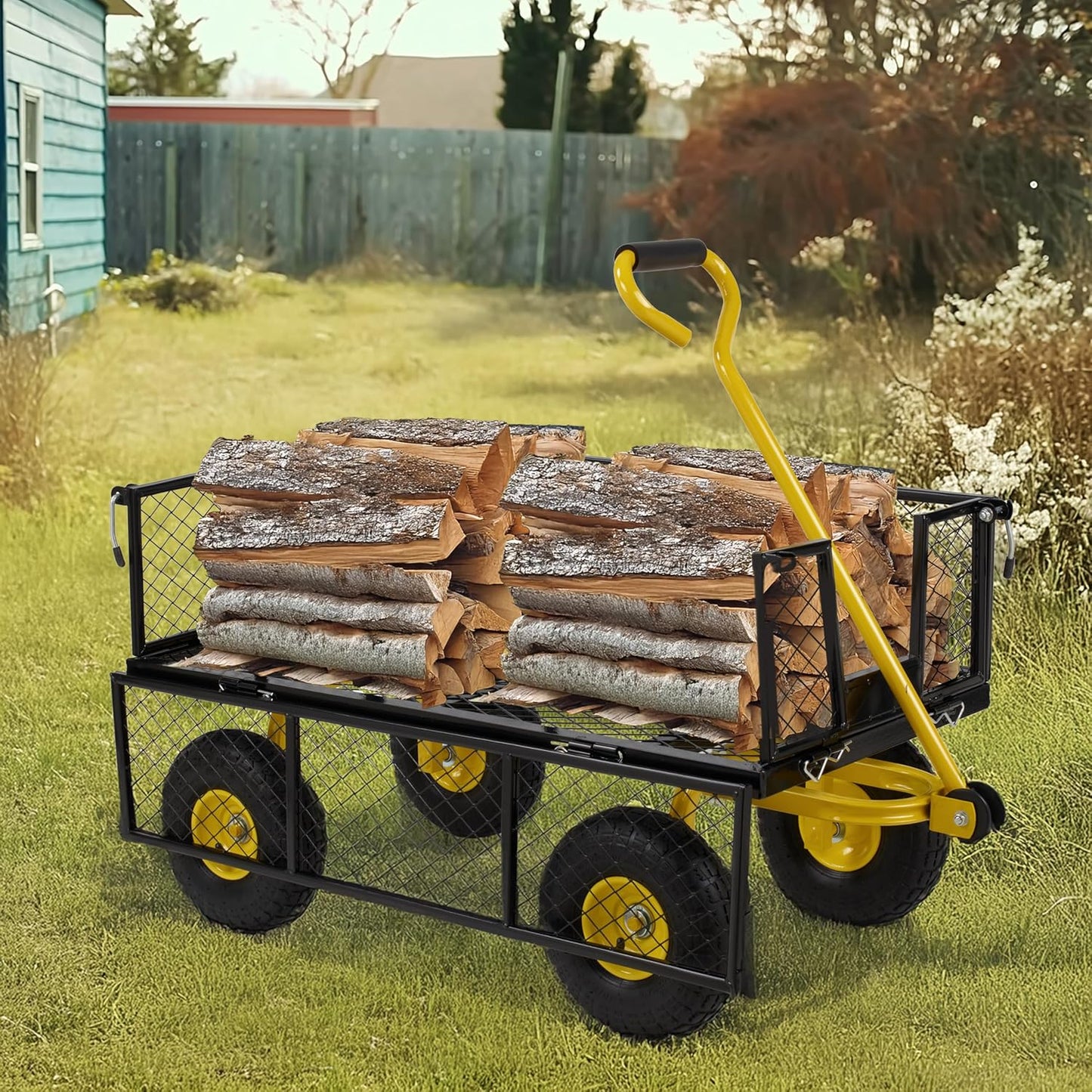 Finnhomy Heavy Duty 1000 Lbs Capacity Mesh Steel Garden Cart, Pullable Garden Wagons Carts on Wheels, Folding Utility Wagon with Removable Sides for Outdoor, Yard, Lawn, Yellow