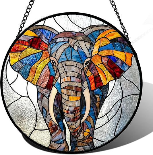 Stained Glass Window Hanging, Colorful Elephant Sun Catcher for Door Home Decor Animal Suncatcher Christmas Mother's Day Birthday Gifts for Women Men Mom and Nana 11.8 in