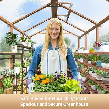 6x8 FT Greenhouse, 6MM Thick Polycarbonate Panel Wooden Walk-in Green House with Adjustable Roof Vents and Lockable Door,Garden Backyard, Patio, Lawn, Brown