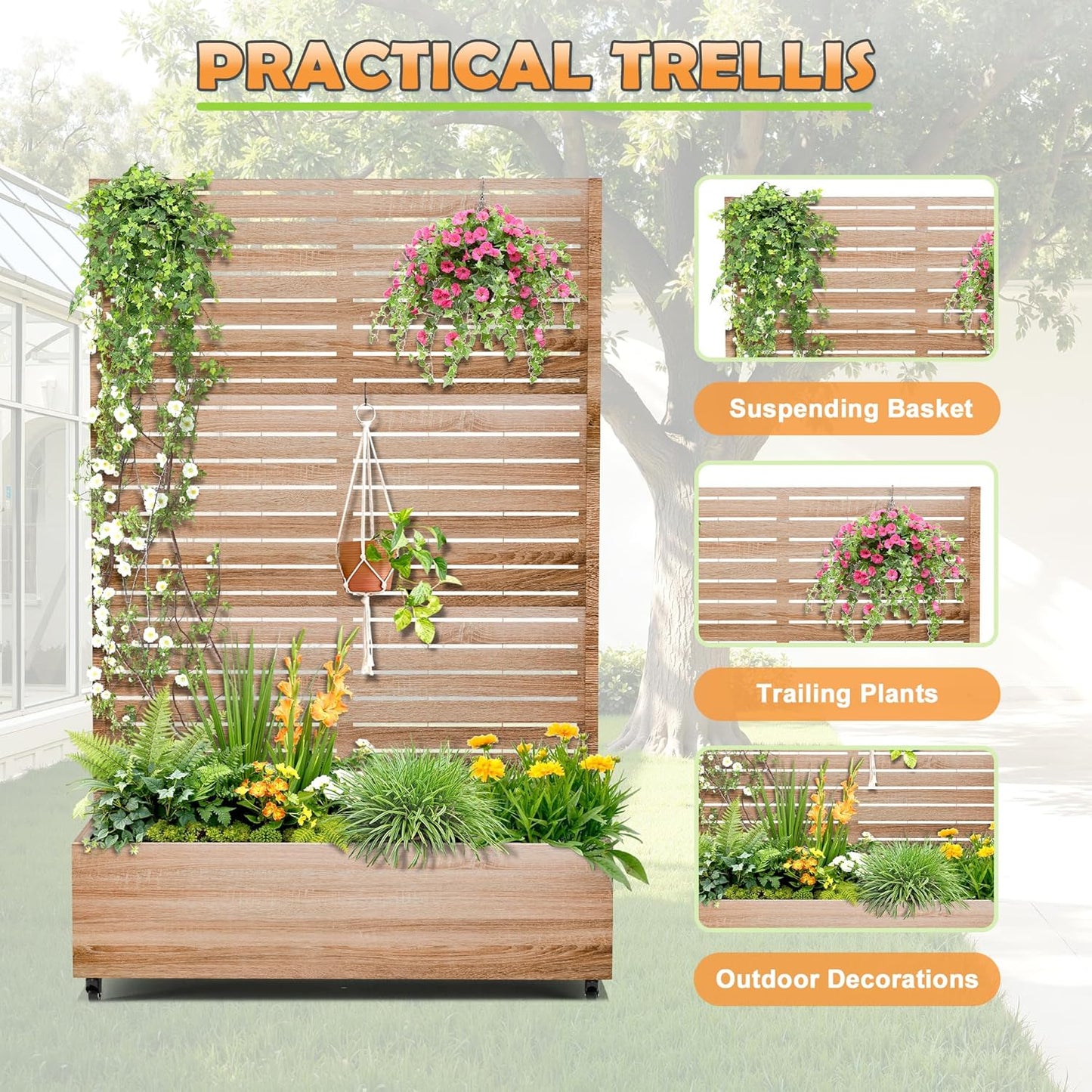 Metal Raised Garden Bed with Trellis, 2-in-1 Planter Box & Privacy Screen for Climbing Plants, Outdoor Standing Flower Bed with Drainage Holes, 47.2" L x 16.7" W x 70.8" H, Cut Oak Grain
