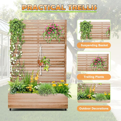 Metal Raised Garden Bed with Trellis, 2-in-1 Planter Box & Privacy Screen for Climbing Plants, Outdoor Standing Flower Bed with Drainage Holes, 47.2" L x 16.7" W x 70.8" H, Cut Oak Grain