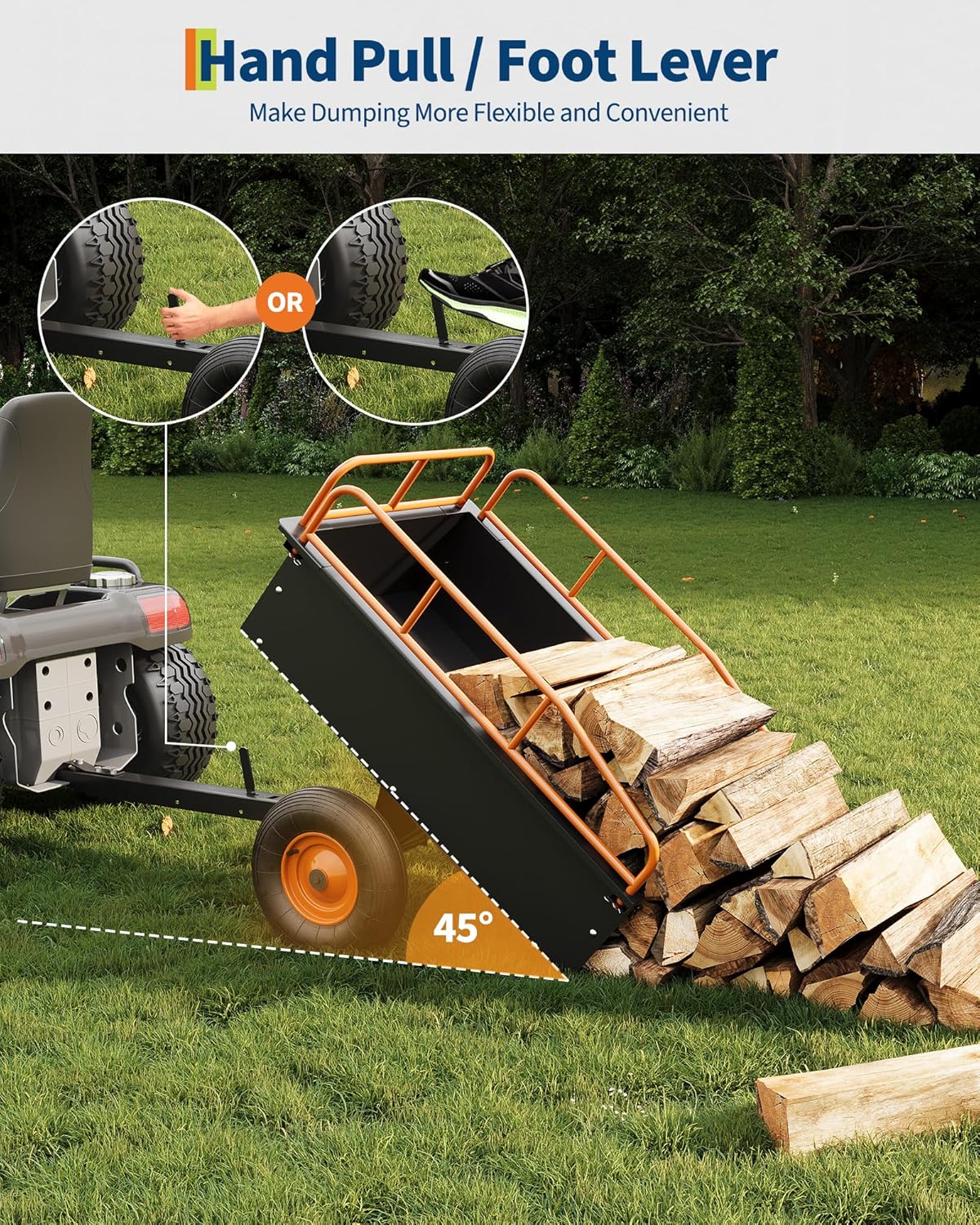 GarveeLife Heavy Duty ATV Trailer Steel Dump Cart, 750 LBS 15 Cubic Feet, Garden Utility with Removable Sides for Riding Lawn Mower Tractor