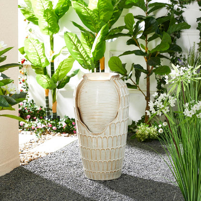 Glitzhome 28.25" H Oversized Ceramic Petals Textured Jar Outdoor Water Fountain, Vintage Sand Beige Glaze Vase Patio Garden Waterfall Fountain with LED Light and Submersible Pump