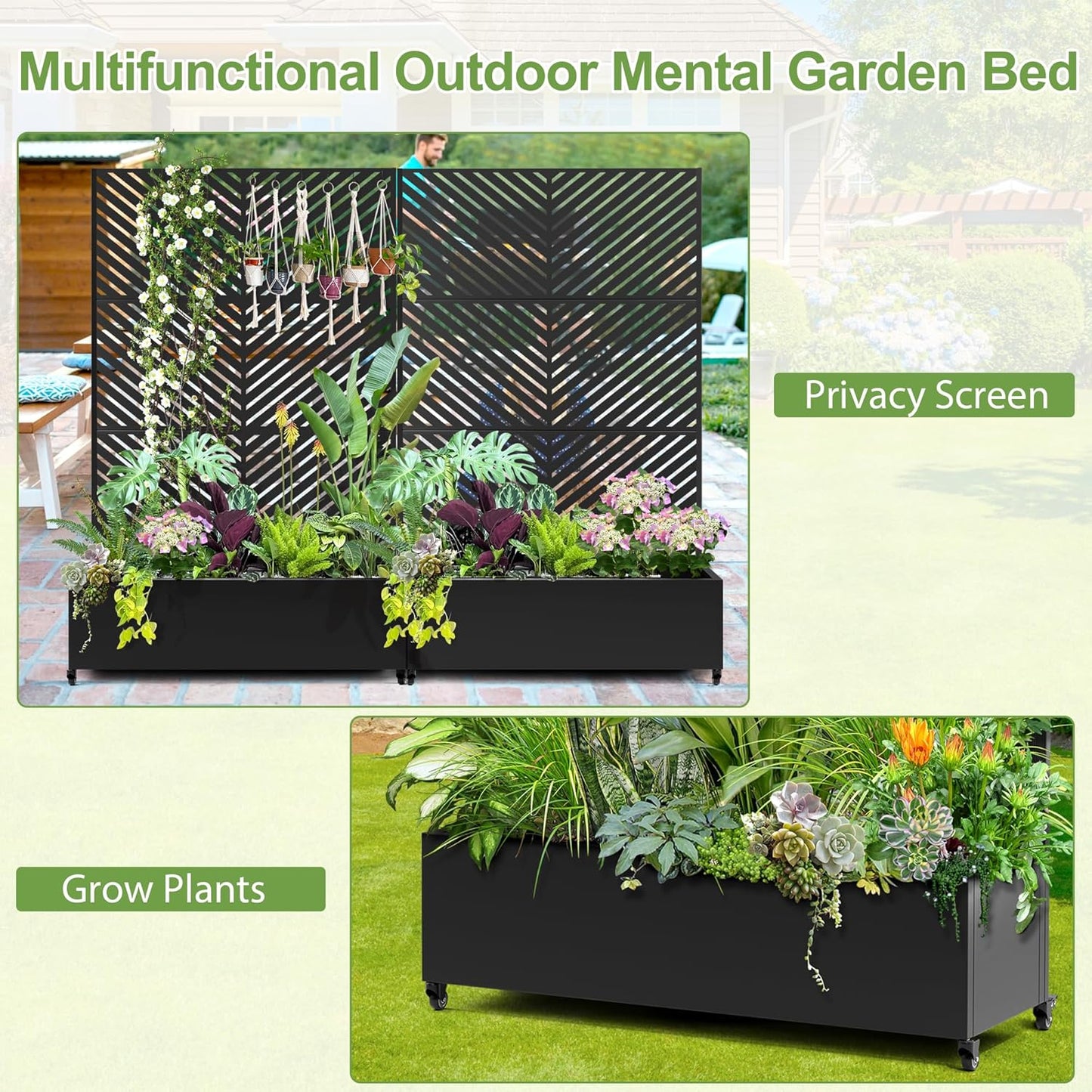 Raised Garden Bed with Trellis and Wheels,73"x47"x16" Metal Raised Garden Bed,Black Parallel Metal Planter with Climbing Trellis for Vines & Vegetables