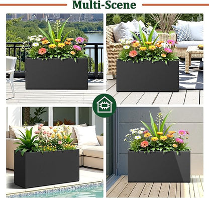 Large Rectangle Planter Metal Black Planter Box with a Drainage Hole and a Removable Divider Indoor Outdoor Porch Pots for Tall Plants, Trees, Flowers 32.01" x 10"x 16.26" Black