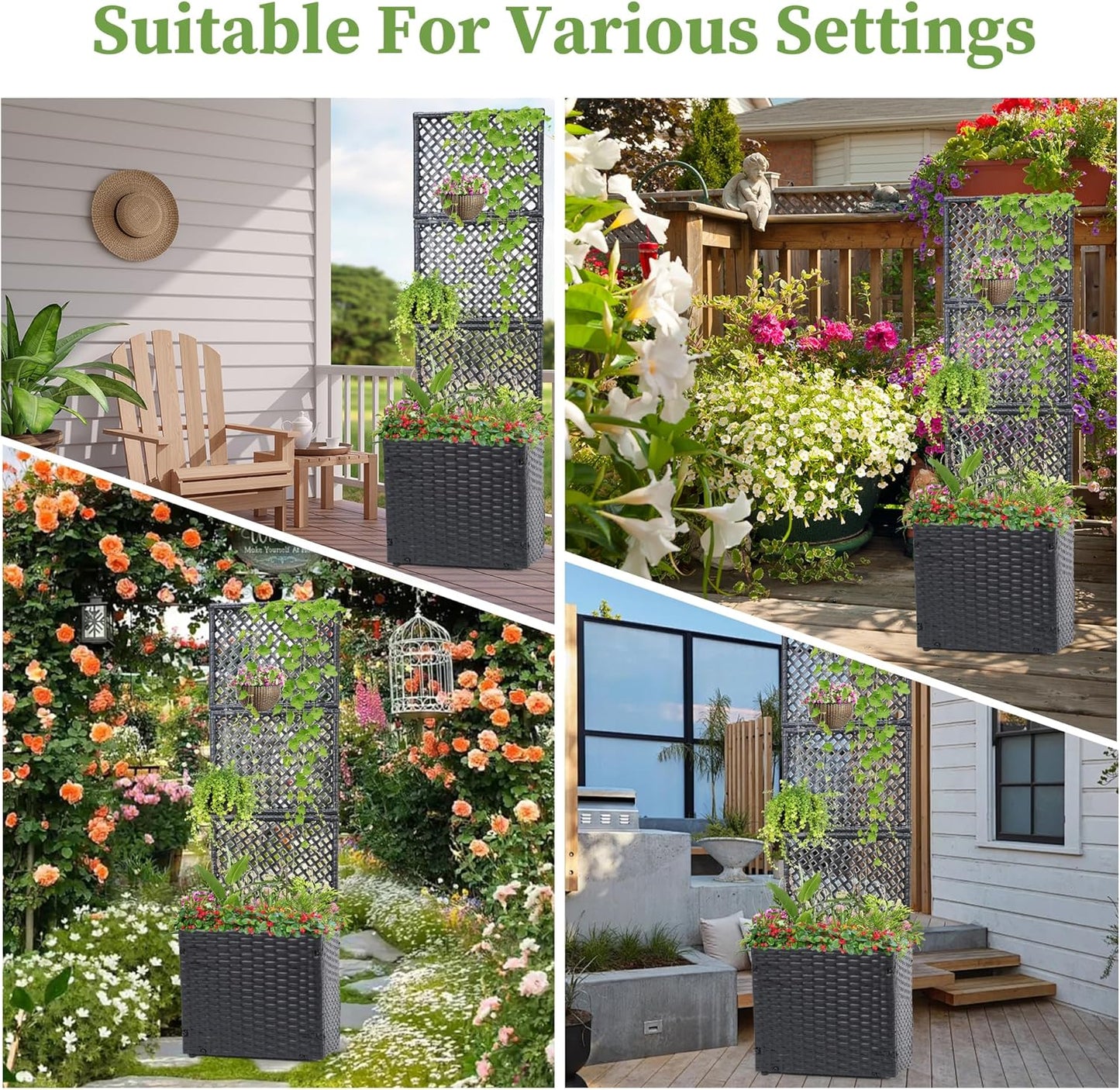 HPC Decor 46" Planter Box with Trellis- Outdoor Raised Garden Bed with Non Woven Bags, Handwoven Garden Bed with Trellis, Free-Standing Planter Box for Climbing Plants/Vines and Garden,Patio,Balcony.