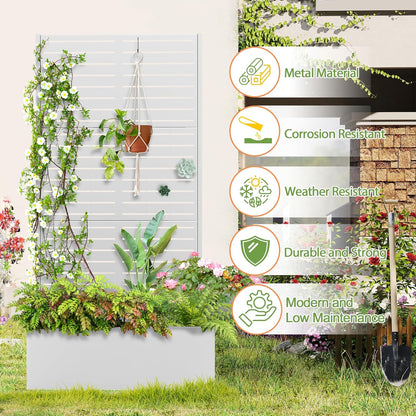 Trellis for Climbing Plants Outdoor，Mental Garden Bed with Drainage Holes Outdoor Privacy Screen Design Tall planters for herb Flower Vegetables 73"x35"x16", White-Louvered