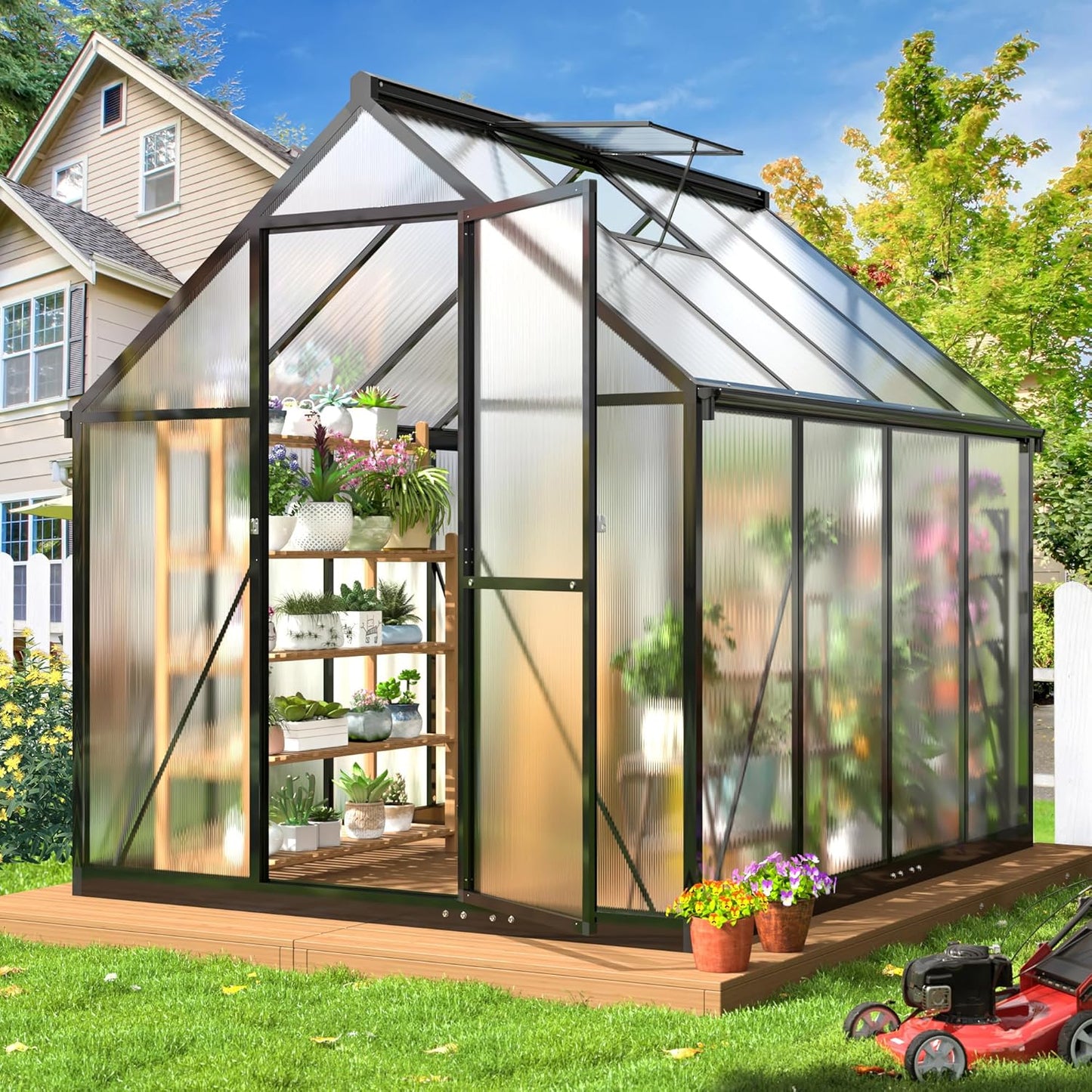 WKM 5.8x7.3 FT Greenhouse for Outdoors, Quick-fit Structure Greenhouse with Window for Ventilation, Aluminum Green House for Garden Backyard, Black