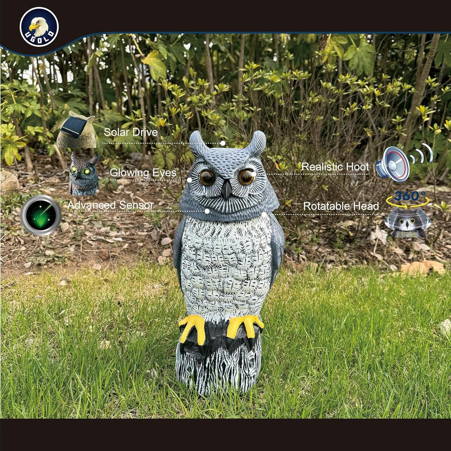 Solar Powered Garden Owl with Motion Detection, Rotating Head, Realistic Hoots and Silent Mode, Outdoor Statue and Sculpture, Owl Decoration for Home, Garden, Patio and Lawn