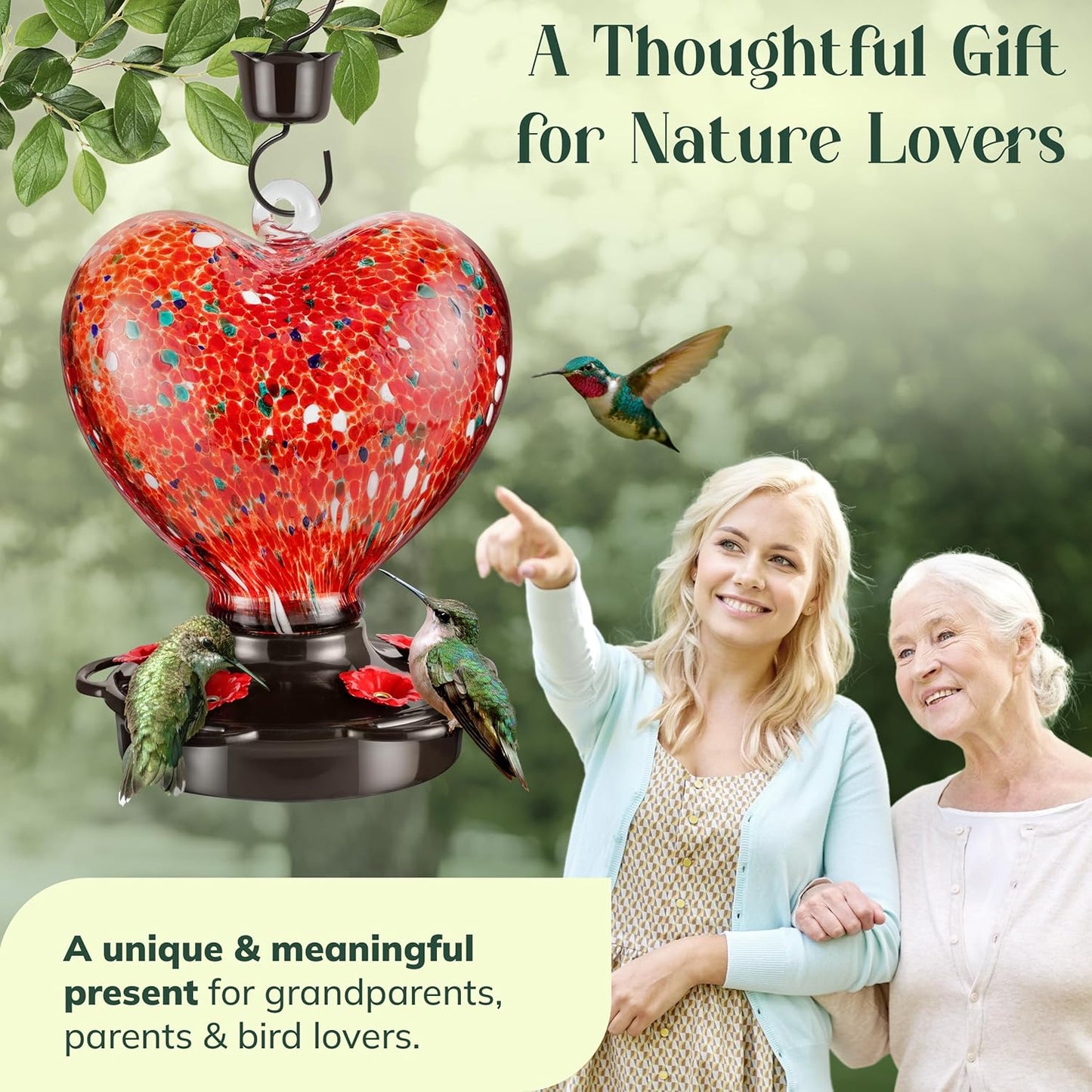 Hand Blown Glass Hummingbird Feeder for Outdoors All Season Use - 28 Fl. Oz. Leak Proof Hummingbird Feeder with Rust Proof Base - Includes Ant Moat, Ant & Bee Proof (Red)