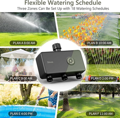 Diivoo WiFi Sprinkler Timer 3 Zone, Smart Water Hose Timer Compatible with Alexa and Google, Remote Control Irrigation, Automatic Manual Watering, Rain Delay, for Garden, Yards and Lawns (2.4Ghz Only)