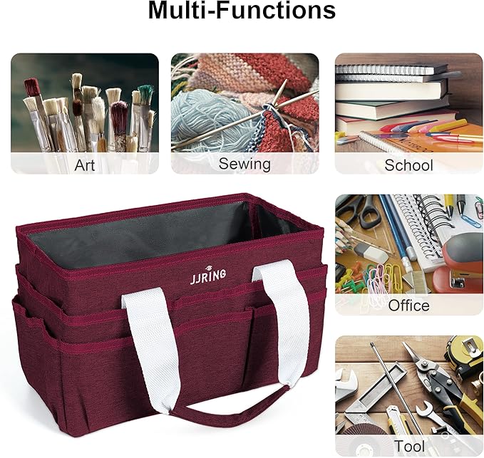 JJRING Craft Organizer Tote Bag, Art Storage Caddy with Multiple Pockets, Dark Red Sewing Bag for Art, Craft, Scrapbooking, School, Medical, and Office