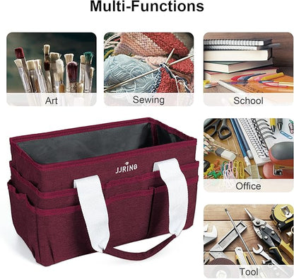 JJRING Craft Organizer Tote Bag, Art Storage Caddy with Multiple Pockets, Dark Red Sewing Bag for Art, Craft, Scrapbooking, School, Medical, and Office