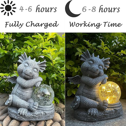 Garden Dragon Figurine Solar Powered Outdoor Cute Dragon with Hold Glowing Glass Ball Resin Sculpture for Porch Patio Lawn Farm Yard Home Decoration Gift for Women Housewarming