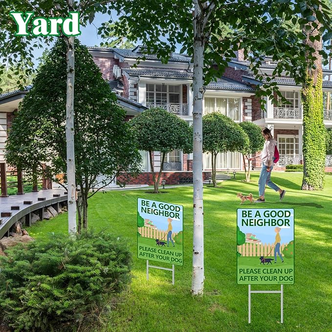 Clean Up After Your Dog Signs for Yard 2 Pack - 12.6x9.5Inches No Dogs Poop Sign with Metal Stake Sturdy, BE A GOOD NEIGHBOR Dog Pooping Signs for Lawn, Pick Up After Your Outdoor Pooch