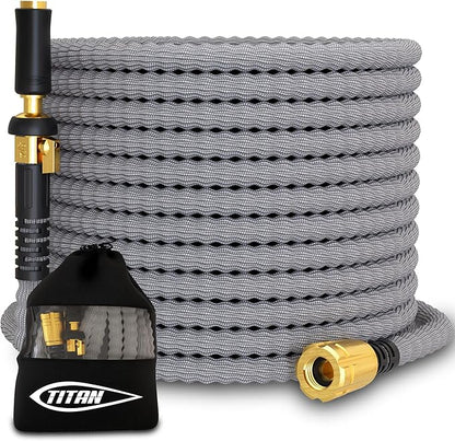 TITAN Flexible Garden Hose 65FT – Ultra Lightweight, Heavy Duty Water Hose with Brass Fittings & Jet Nozzle – Kink-Free, Non-Expanding, Durable Fabric Hose for Yard, Lawn, Car Wash, Outdoor Use