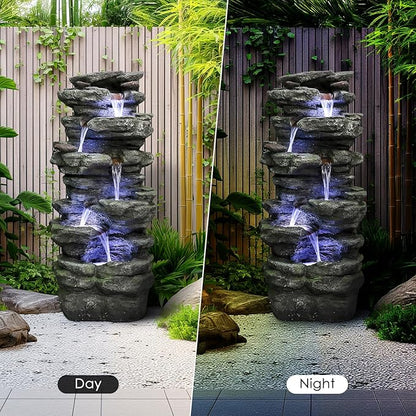 SunJet 40" High 6-Tiers Cascading Rock Outdoor Water Fountain with LED Lights - Large Outdoor Fountains and Waterfalls for Garden or Patio, Yard, and Deck Decor, Featuring Natural Stone Look