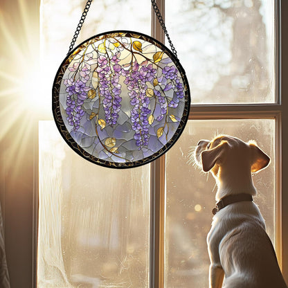 Stained Glass Window Hanging - Wisteria Flower Golden Leaves Sun Catcher for Door Home Decor Plant Suncatcher Christmas Mother's Day Birthday Gifts for Women Men Lovers Mom Nana 9.8 in