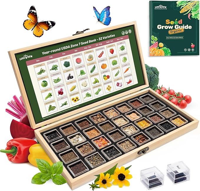 Lush&Dew Year-Round USDA Zone 7 Seed Bank, Gift for Mom Dad, 32 Varieties Non-GMO Heirloom Seeds of Vegetables, Flowers, Gardening Gifts for Women Men, Survival Kit for Raised Garden Bed, Greenhouse