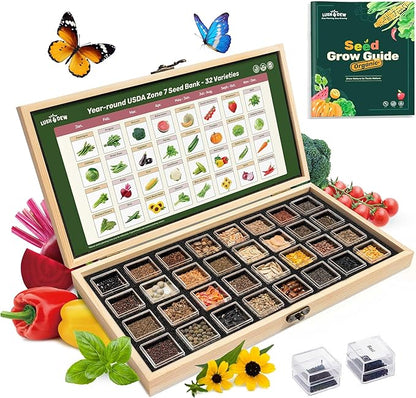 Lush&Dew Year-Round USDA Zone 7 Seed Bank, Gift for Mom Dad, 32 Varieties Non-GMO Heirloom Seeds of Vegetables, Flowers, Gardening Gifts for Women Men, Survival Kit for Raised Garden Bed, Greenhouse