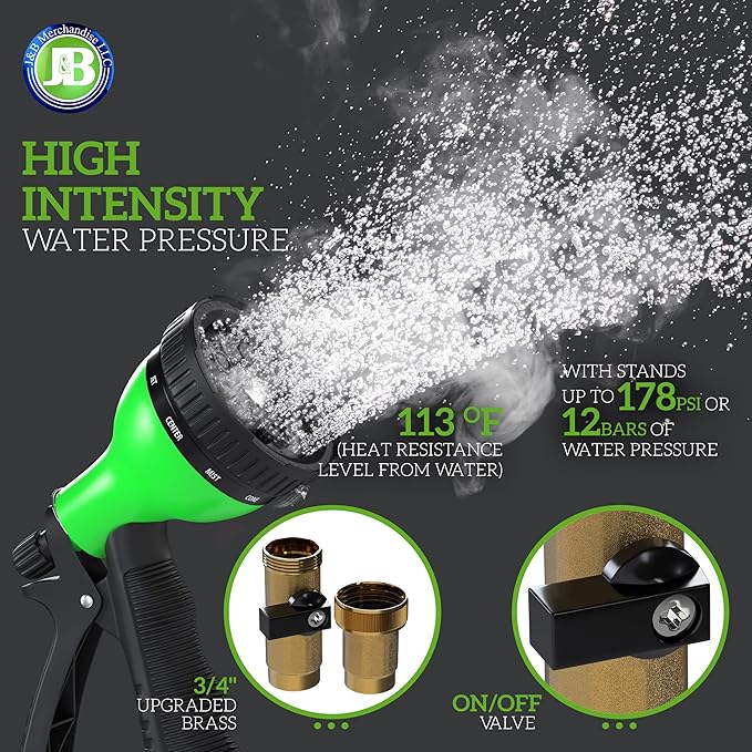 J&B XpandaHose 50ft Expandable Garden Hose with Holder - Heavy Duty Superior Strength 3750D - 4 -Layer Latex Core - Extra Strong Brass Connectors and 10 Spray Nozzle w/Storage Bag (Green 50)