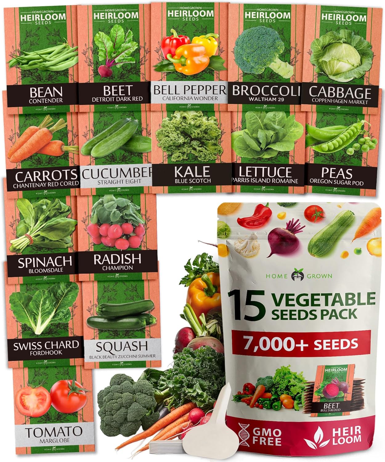 HOME GROWN Premium Heirloom Vegetable Seeds - 15 Varieties, 8,900+ Non GMO Seeds for Planting, Complete Vegetable Garden Kit for Indoor & Outdoor Growing, Survival Seed Vault for Preppers