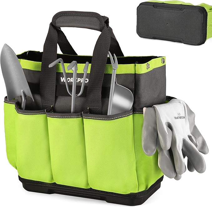WORKPRO Garden Tool Bag with Waterproof Plastic Base, 8 Pockets Gardening Bag, Heavy Duty Oxford Garden Tote Caddy, Gardening Tool Kit Holder for Indoor and Outdoor(Tools NOT Included)