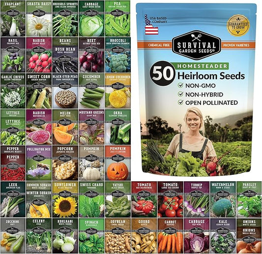 Survival Garden Seeds Homesteader Collection – 50 Heirloom Packets of Vegetables, Herbs, and Flowers for Victory Garden Planting and Emergency Storage