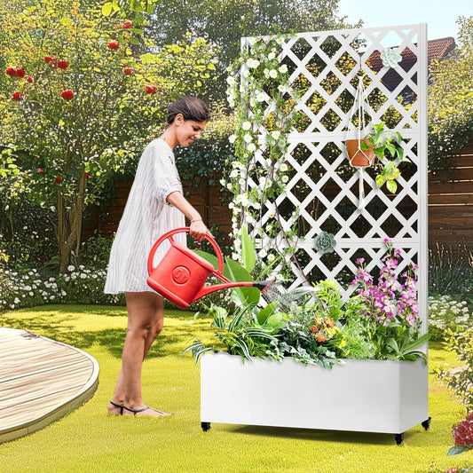 Metal Planter Box with Trellis, Raised Garder Bed with Drainage Hole, Privacy Screen & Trellis for Climbing Plants, Outdoor Plant Stands, 35''L×17''W×73''H, White