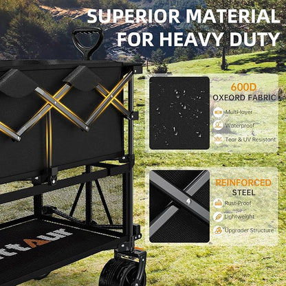 Foldable 50''L Extra Long Double Decker Wagon for Sport, 400L Collapsible Heavy Duty Wagon Cart with Big Wheels, Utility All-Terrain Large Extender Cart for Outdoors