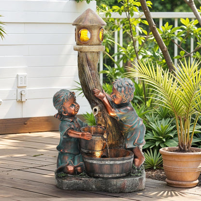 31" Resin Outdoor Water Fountain with LED Lights, Boy-Girl, Pagoda and Wood Barrel Garden Fountain, 3-Tier Cascading Waterfall for Tranquil Backyard, Patio or Porch, Faux Bronze Finish