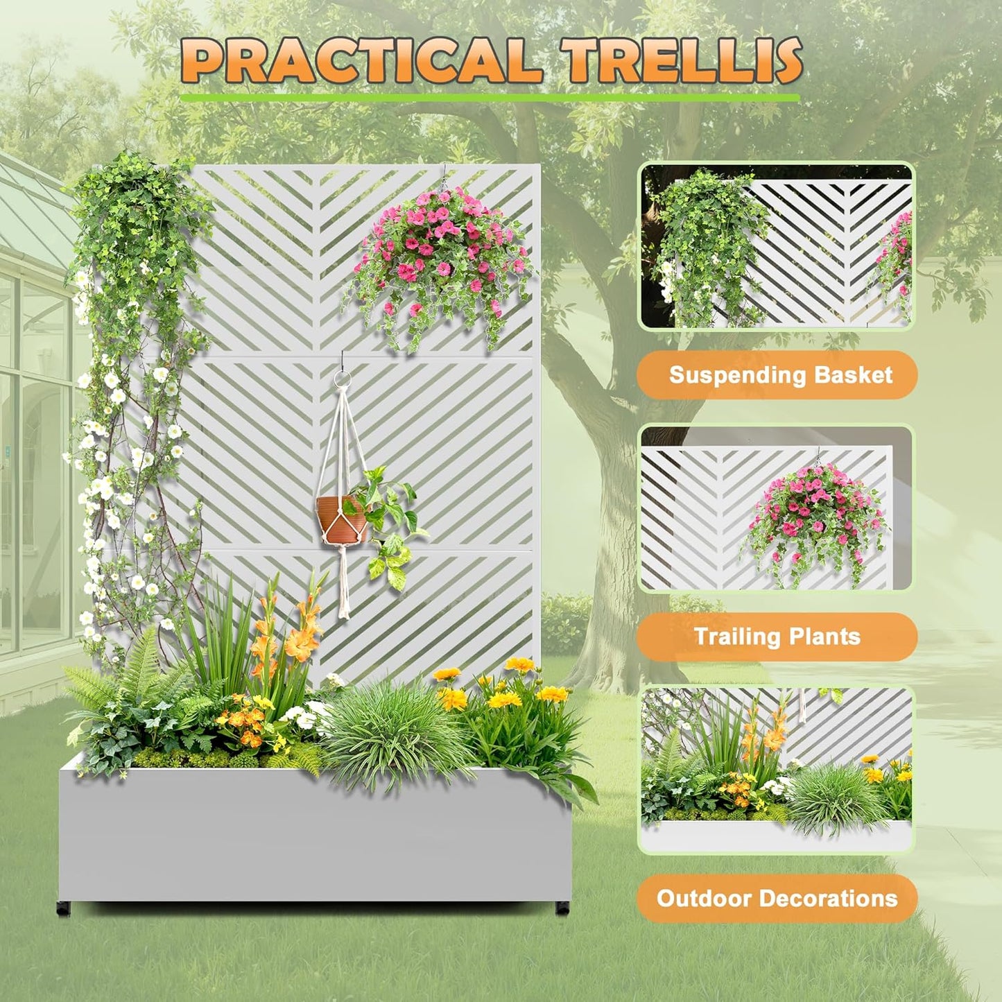 Metal Raised Garden Bed with Trellis, 2-in-1 Planter Box & Privacy Screen for Climbing Plants, Outdoor Standing Flower Bed with Drainage Holes, 47.2" L x 16.7" W x 70.8" H, White-Parallel