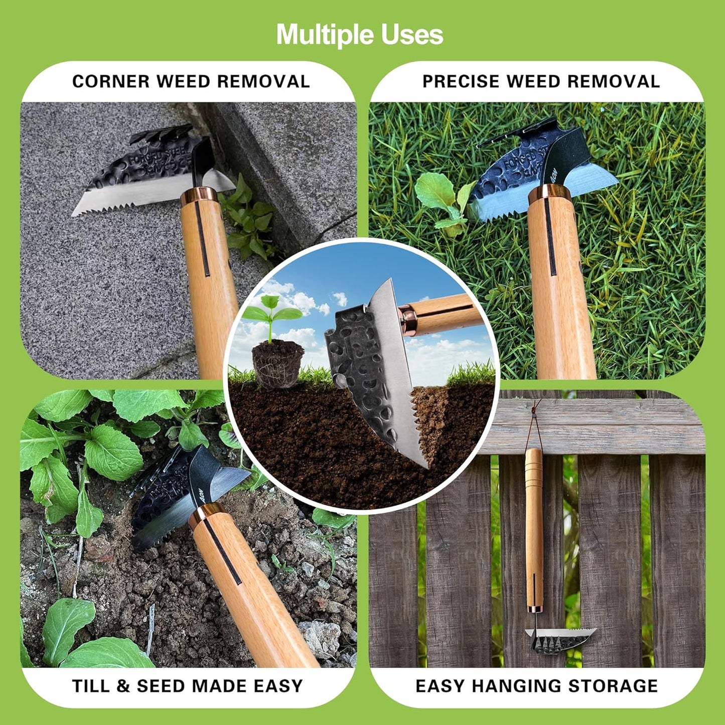 AON All-Purpose Japanese Weeding Sickle & Razor Hand Hoe, Forged Steel Weed Puller Tool with Sharp Edge & 4-Tine for Digging, Weeding, Uprooting in Vegetable Gardening, Backyard or Raised Garden Beds