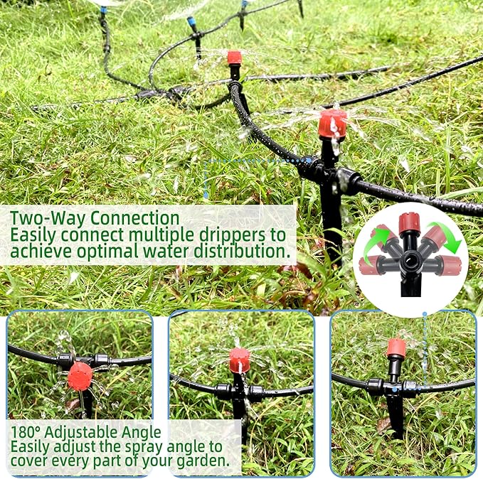 20PCS Push-to-Fit Drip Irrigation Emitters for 1/4 inch Irrigation Tubing, Two-Way Connection Adjustable Drip Emitter Sprayer with Stake, Irrigation Dripper Sprinklers for Drip Irrigation System