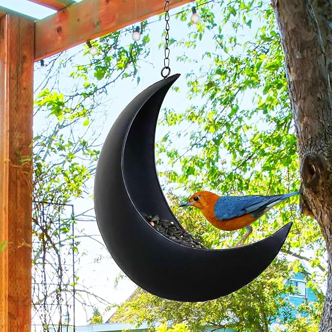 Hanging Moon Bird Feeder – Unique Metal Bird Feeders for Outdoors, Black Rust-Resistant, Drain Holes – Wild Bird Feeder for Bluebirds, Cardinals, Finches, and Backyard Birdwatching (Black)