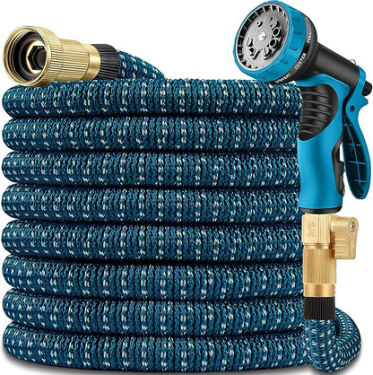 50 ft Expandable Garden Hose with 10 Patterns Nozzle,Kink-Free, Flexible Expanding Water Hoses with 3/4" Solid Fittings and 4-Layer Latex Core - Garden Hoses