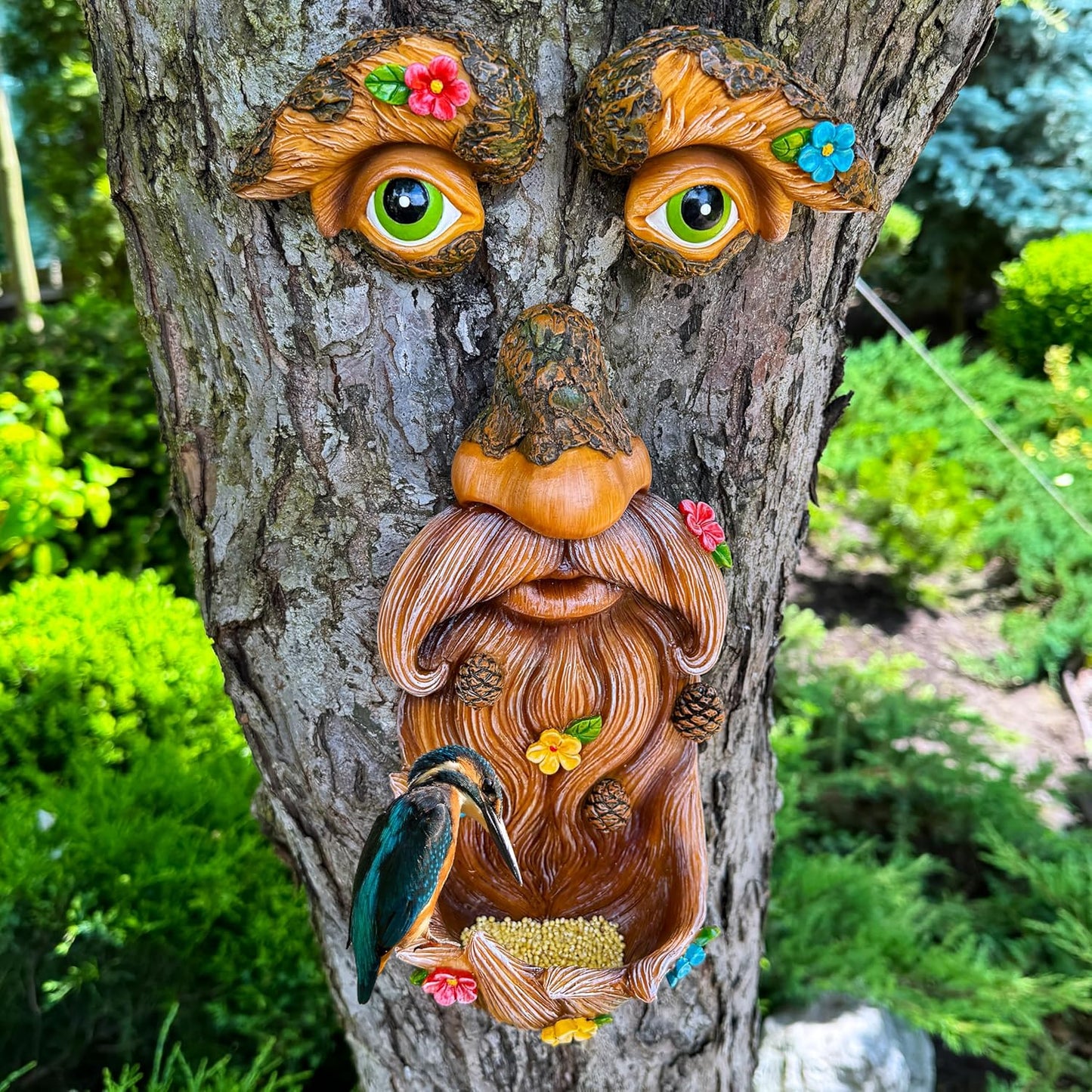 Mood Lab Tree Face Decor - Outdoor Bird Feeder - Old Man Face Decoration with Flowers - Tree Garden Hugger - Yard Art Statues